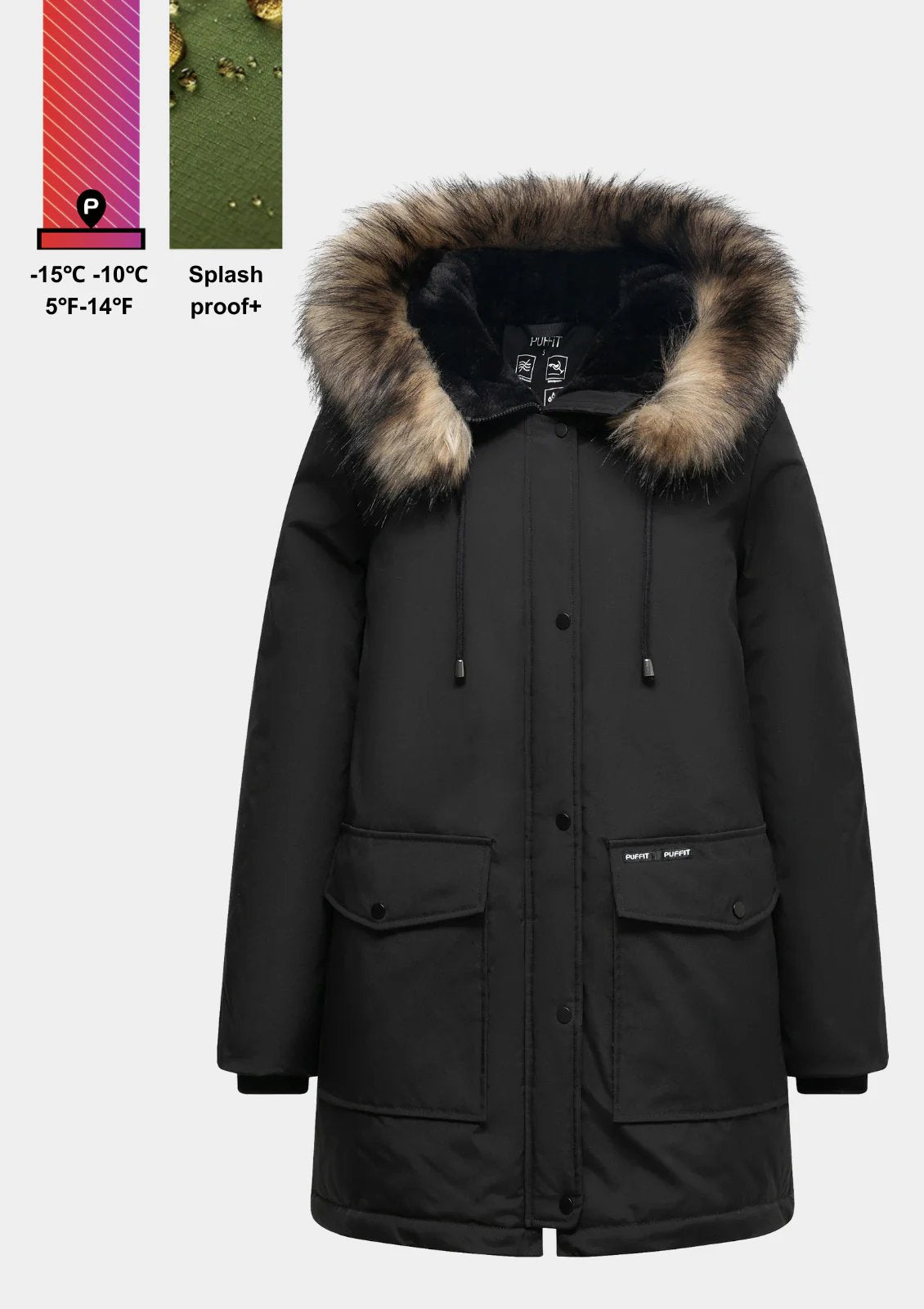 Fur Mid-Length Hooded Parka With Large Pockets Splashproof